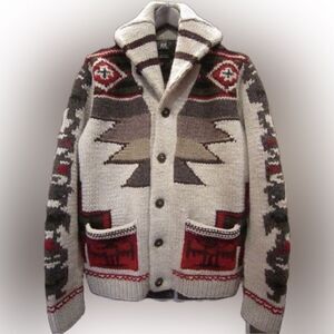 Double RL RRL Hand-knit Totem Cowichan Native American Pattern Cardigan Sweater